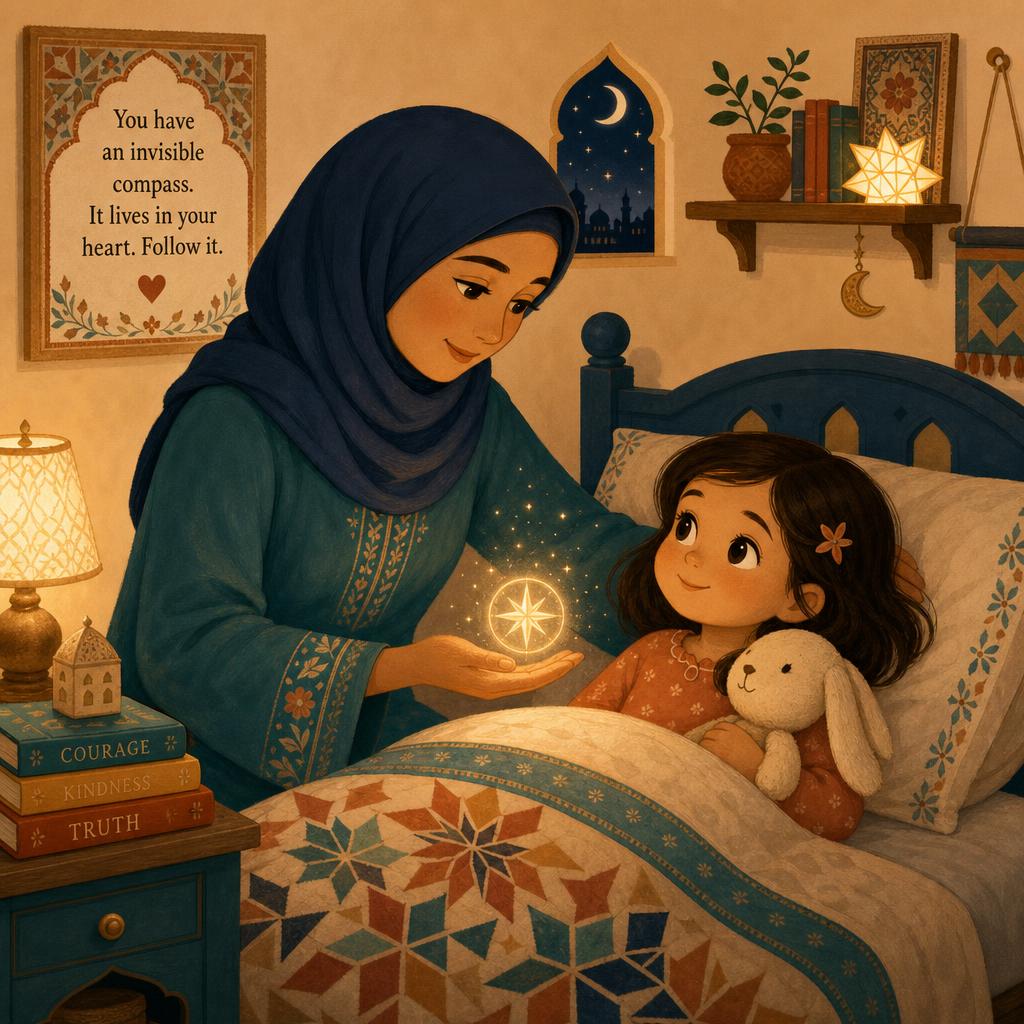 Mama tucks Noor into bed and gives her the invisible compass