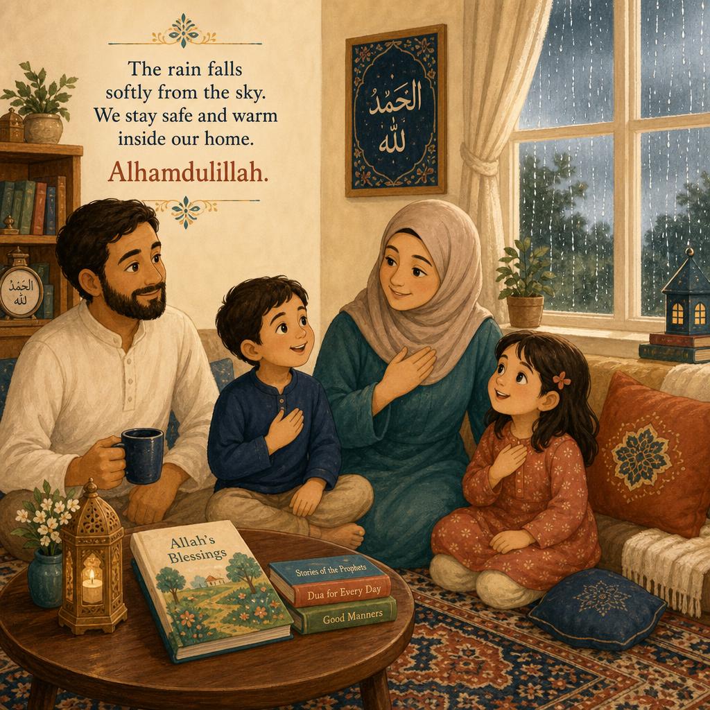 The family at home on a rainy day, saying Alhamdulillah