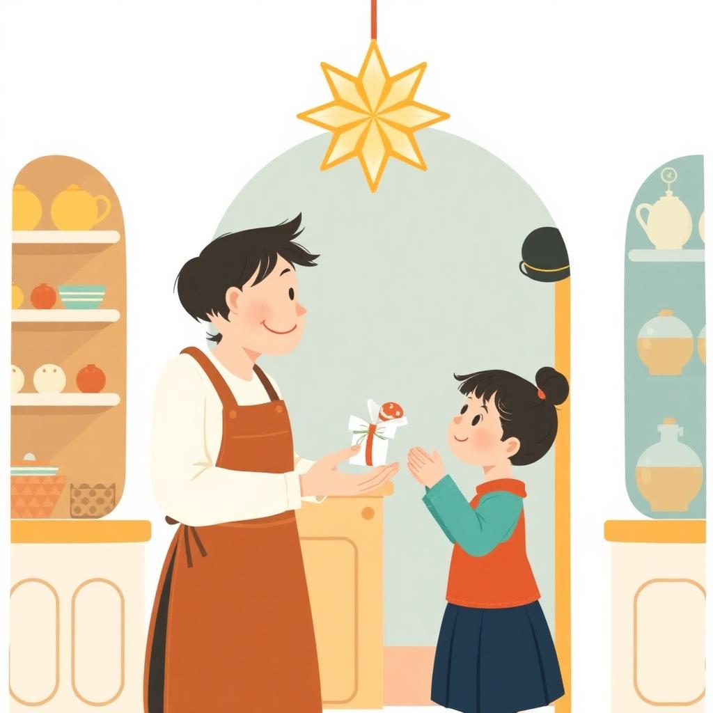 A shopkeeper hands Noor a small sweet