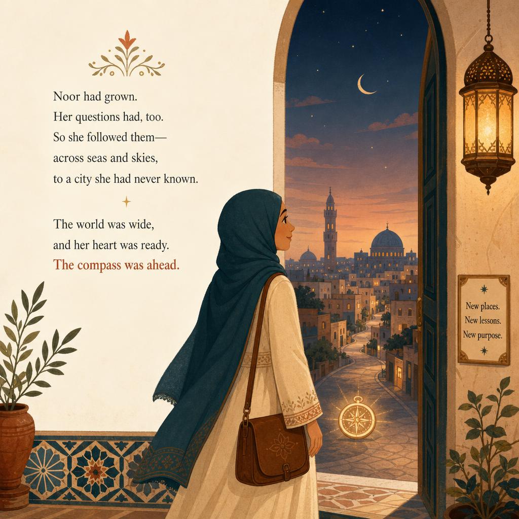 Grown Noor standing at the doorway of a foreign city, compass ahead