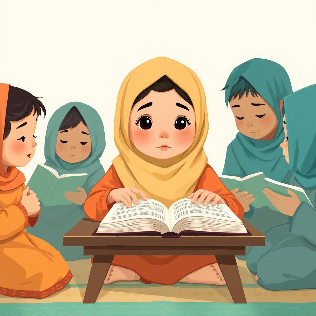 Amina at Quran class, finger under a word, cheeks flushed