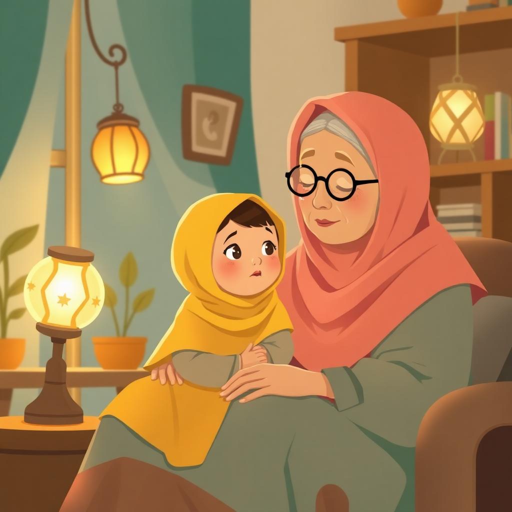 Inah in a rose hijab confesses a secret, holding Amina in her lap