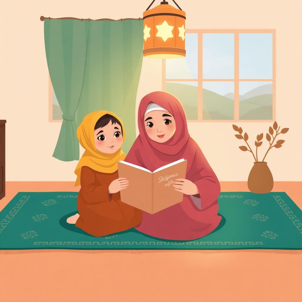 Grandmother and granddaughter practicing on a teal prayer rug at night