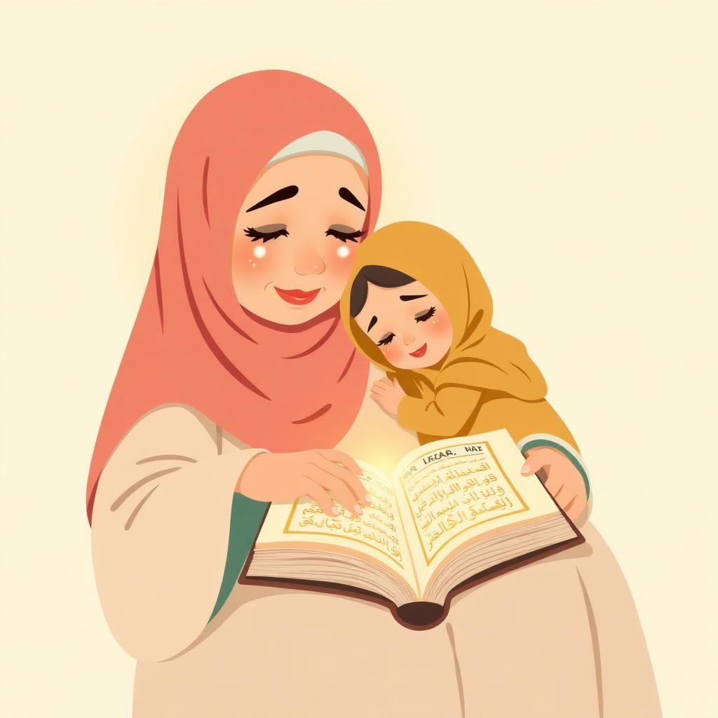 Inah weeping over a glowing open Quran, Amina in her lap