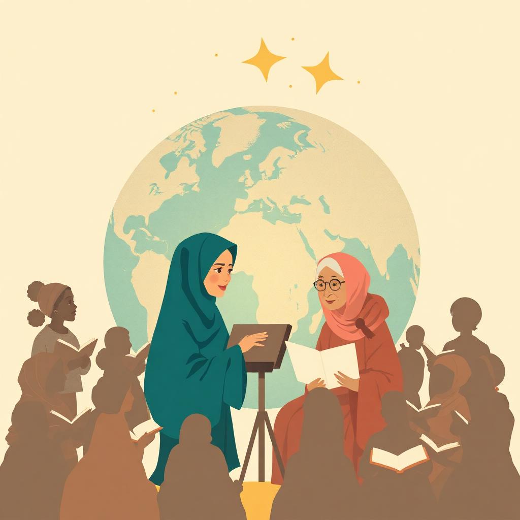 A globe with warm lights, women learning across many countries