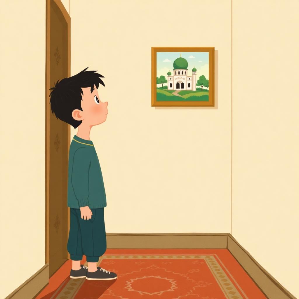 Tariq in a hallway looking up at a framed photograph of a small white village masjid