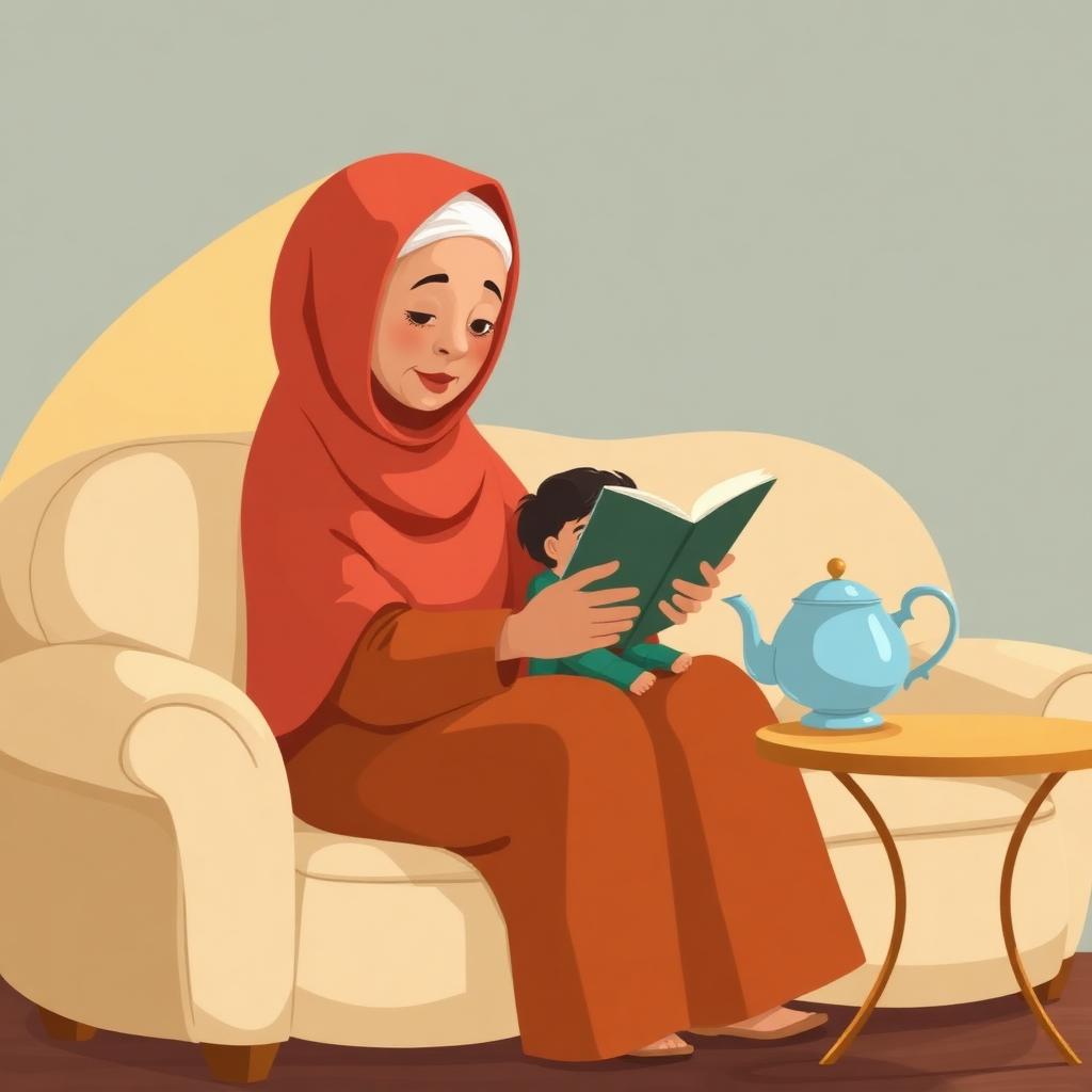 Inah in a rose hijab holding Tariq in her lap on a cream sofa, telling a story
