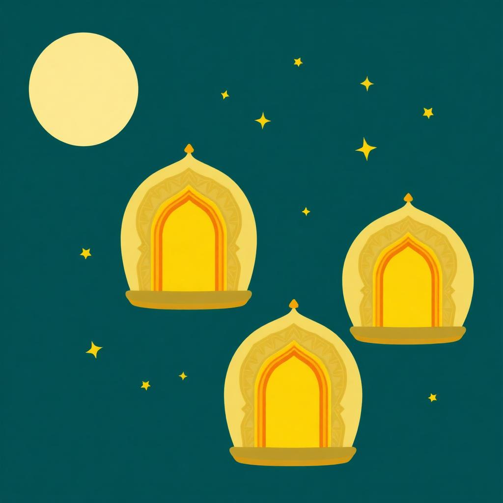 Three glowing golden doorways on a deep teal night with scattered stars
