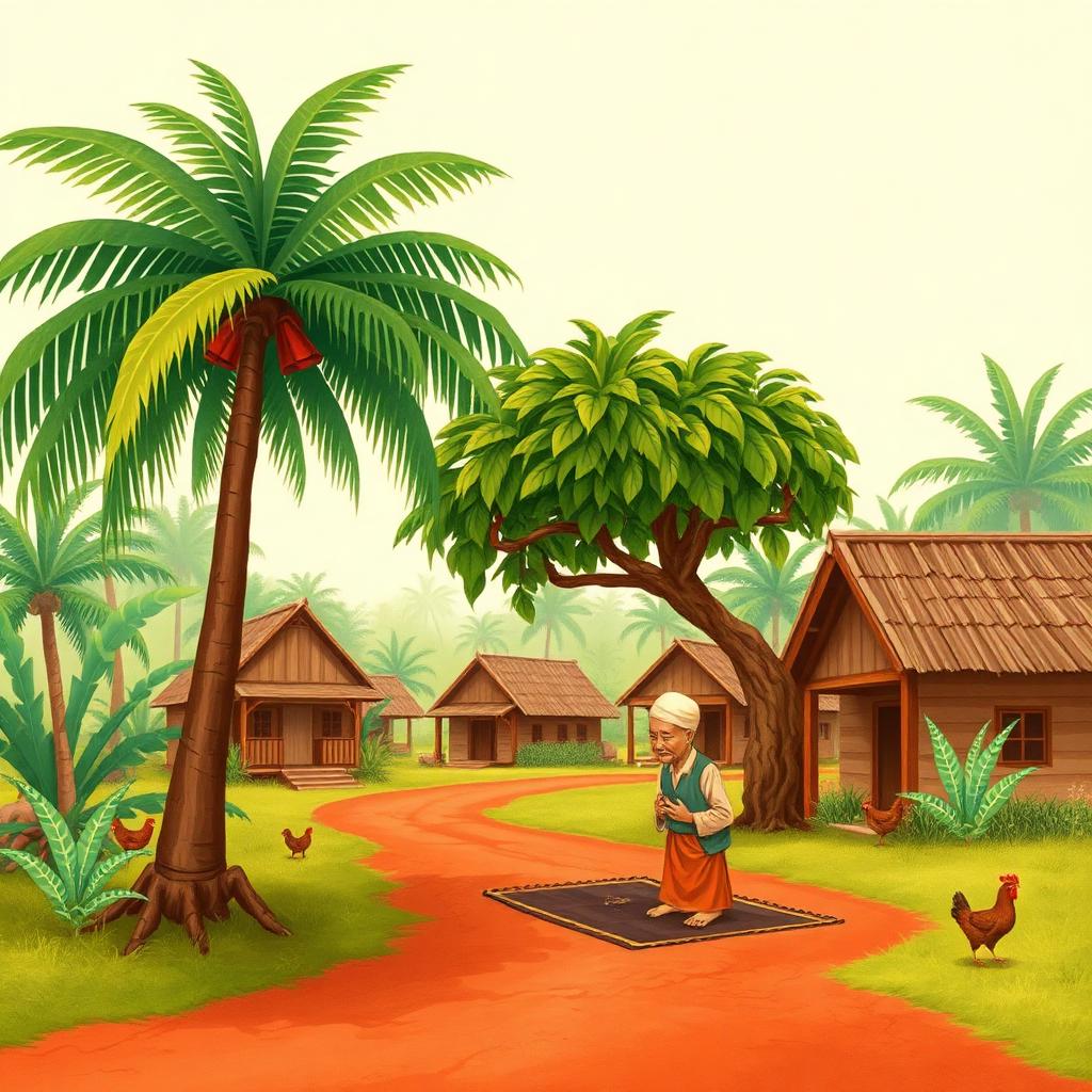 A small Filipino village with coconut palms, tropical greenery, tin-roofed houses on stilts, red-brown dirt road, chickens, and elderly men praying under a large tree