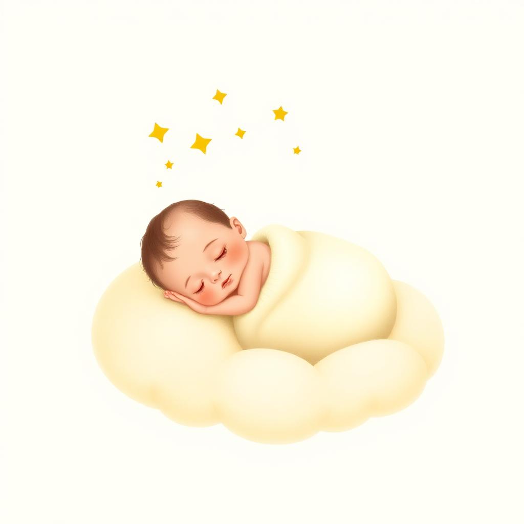 A tiny sleeping newborn on a soft cloud with a golden halo and small stars above