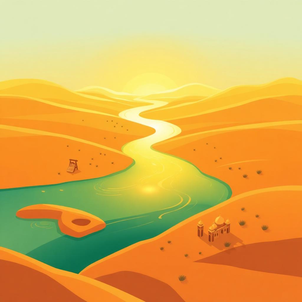 A golden river of light flowing across a warm landscape with wells, books, and small masjids along its banks