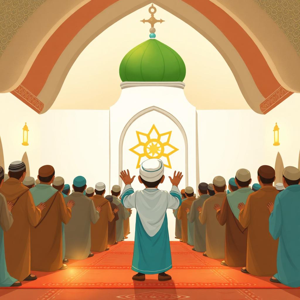 A nine-year-old boy in a white cap and teal thobe leading prayer at the front of a small village masjid, rows of men behind him