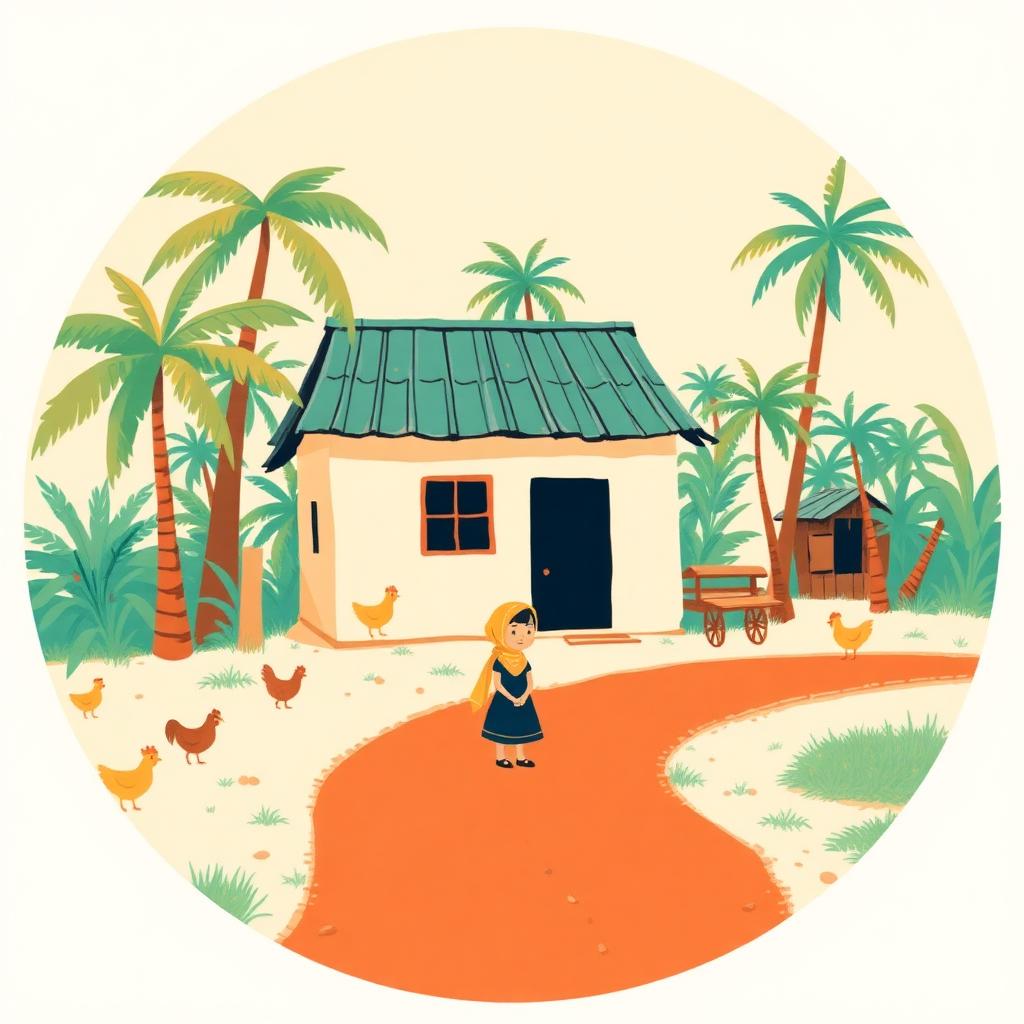 A small Filipino village with coconut palms, a tin-roofed house, a red dirt road, chickens, and a tiny girl in a gold headscarf