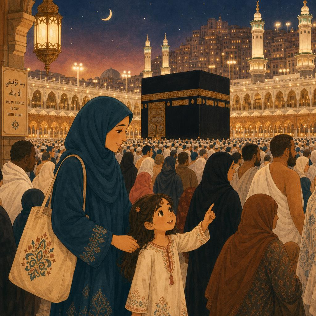 An enormous crowd of pilgrims of many skin tones in white and dark robes with a small girl and her mother in the foreground