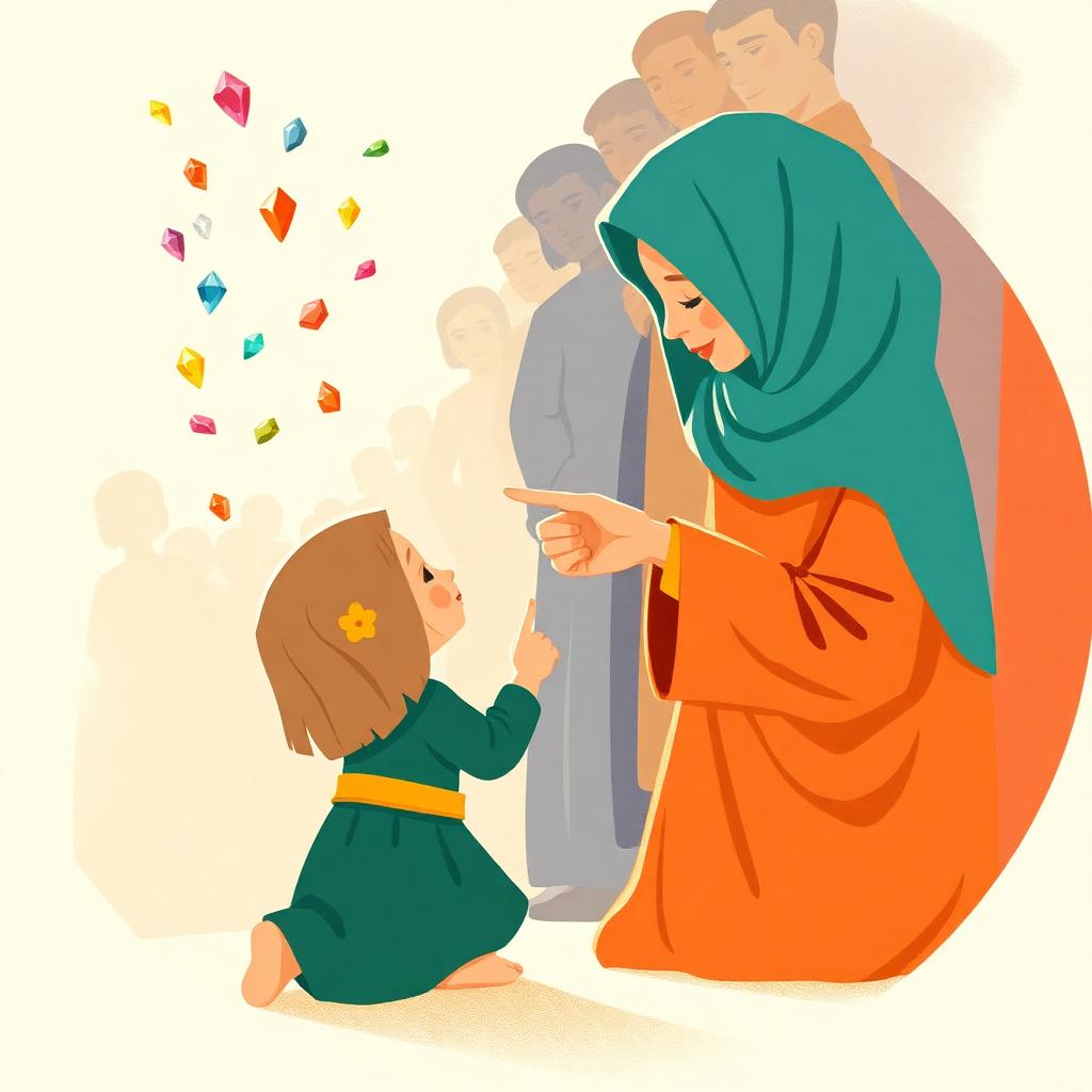 A mother in a teal hijab kneeling to her small daughter and pointing at floating multicoloured gems in golden light