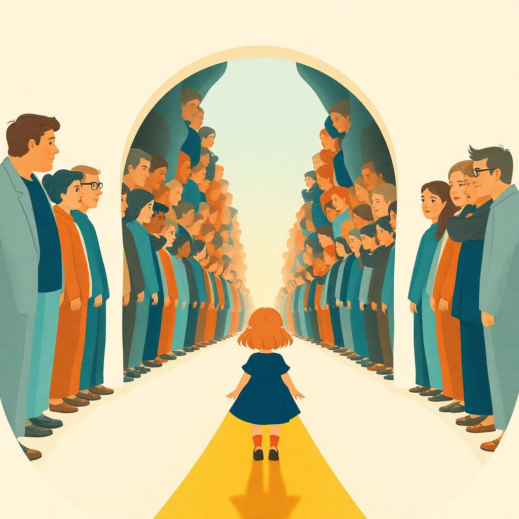 A very small girl seen from behind walking alone into a huge archway of towering adults on a golden path of light
