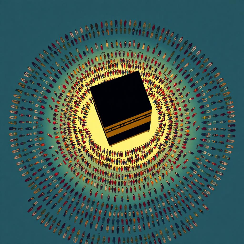 The Kaaba seen from directly above at night surrounded by concentric rings of tiny pilgrims of every skin tone