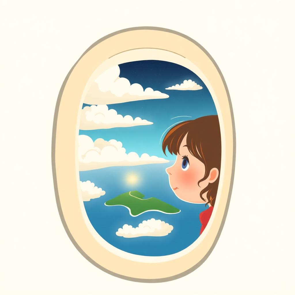 The view through an airplane window with clouds, blue sea, a small green island, and a girl's face reflected with a golden seed of light