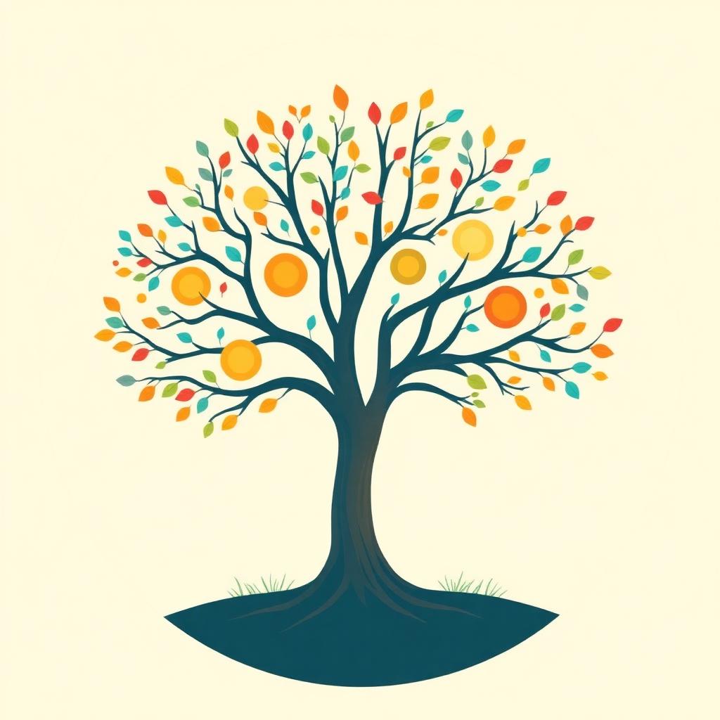 A family tree with a strong trunk and six branches, each ending in a glowing coloured circle, with colourful leaves in the air