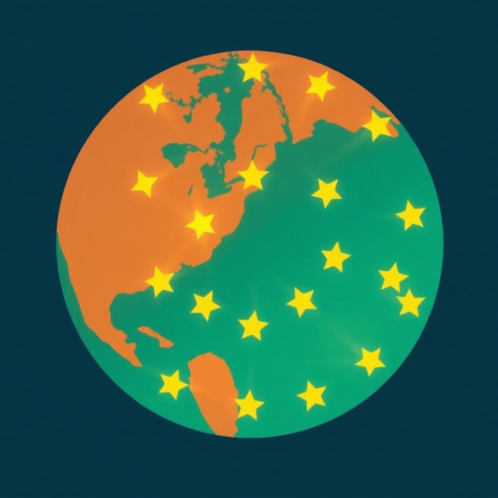 A glowing globe at night with thirteen golden lights scattered across it, each sending a beam toward the same centre, ringed by thirteen gold stars