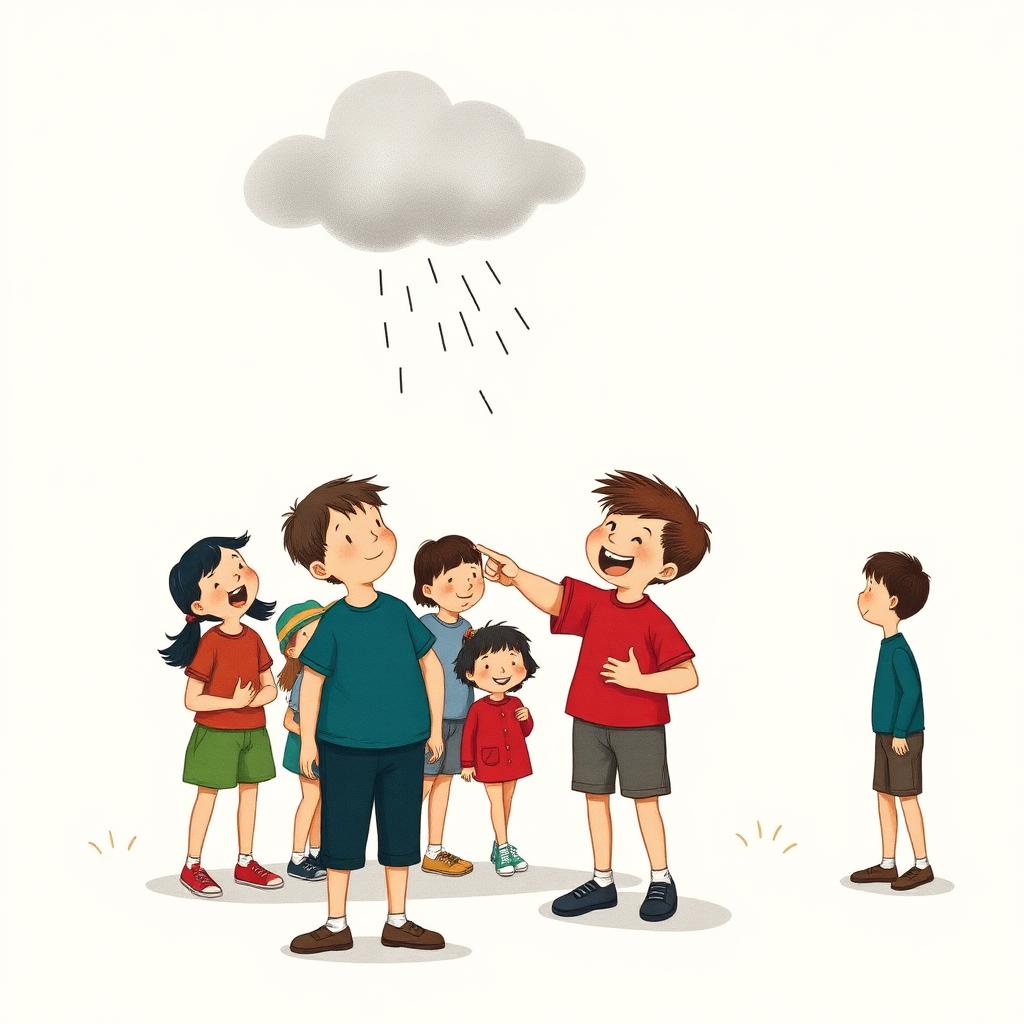 A schoolyard with children laughing, one boy in red pointing and laughing, and a lone boy in a dark teal top standing apart with a small storm cloud raining just above his head