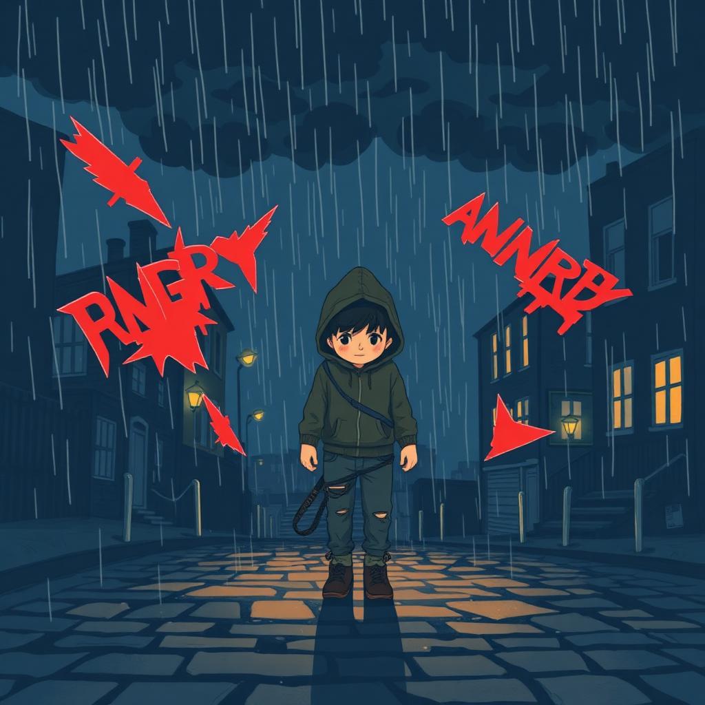 A boy walking home alone at night in the rain under storm clouds, fists clenched, surrounded by floating sharp red shard shapes