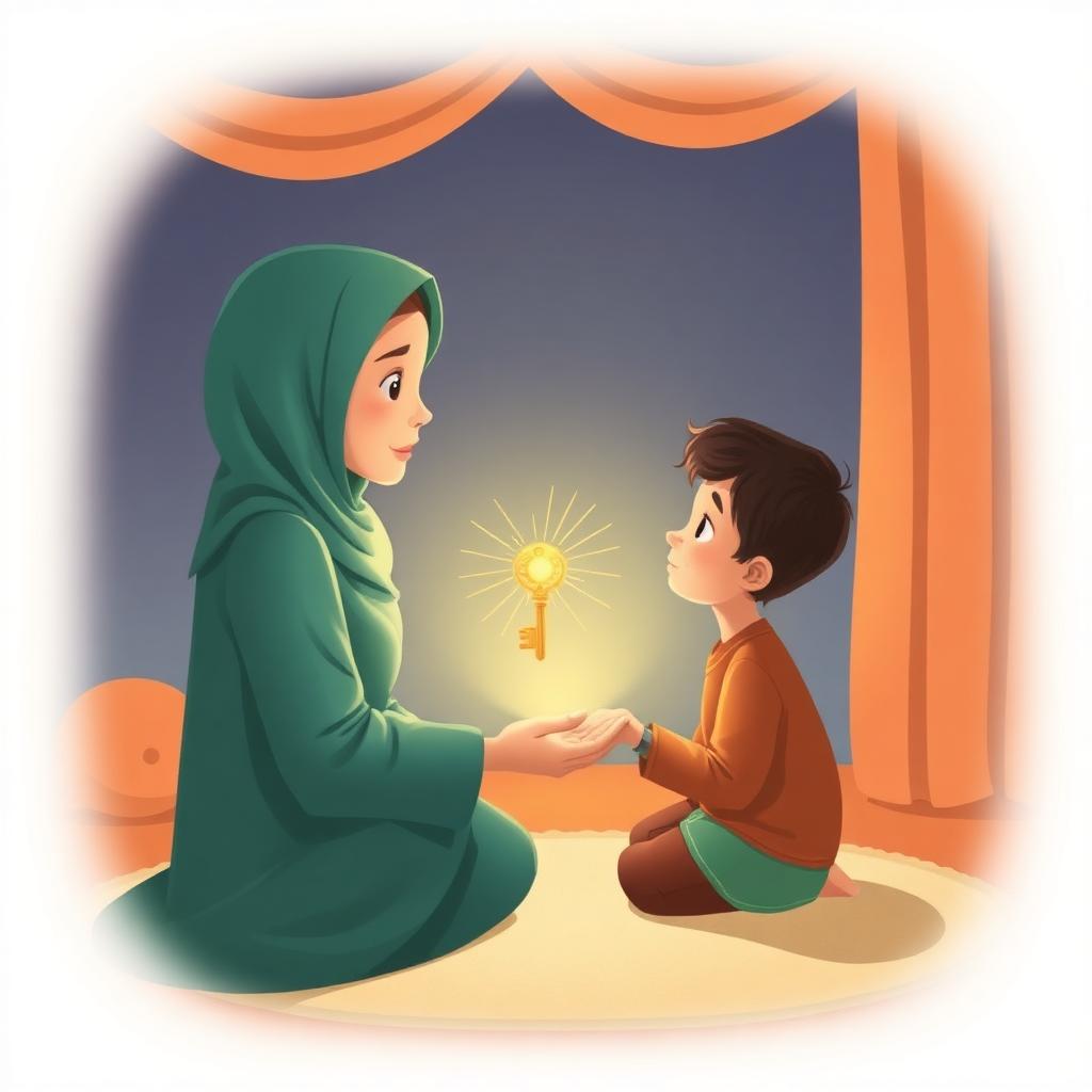 A mother in a teal hijab kneeling with her son in a warm room, a glowing golden key floating above the boy's open palm