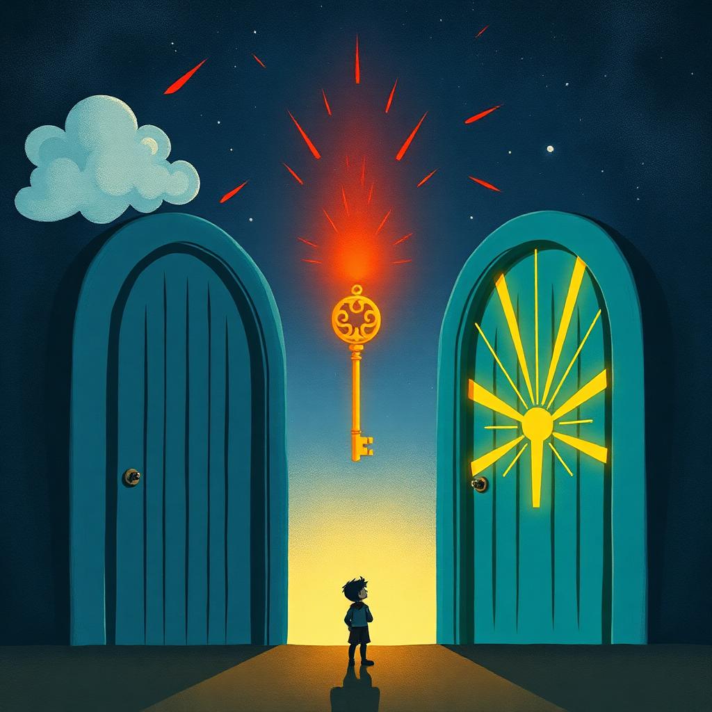 Two tall doors side by side: the left dark storm-blue with a thundercloud and red shards, the right teal and glowing warm gold, a golden key floating between them and a tiny boy below