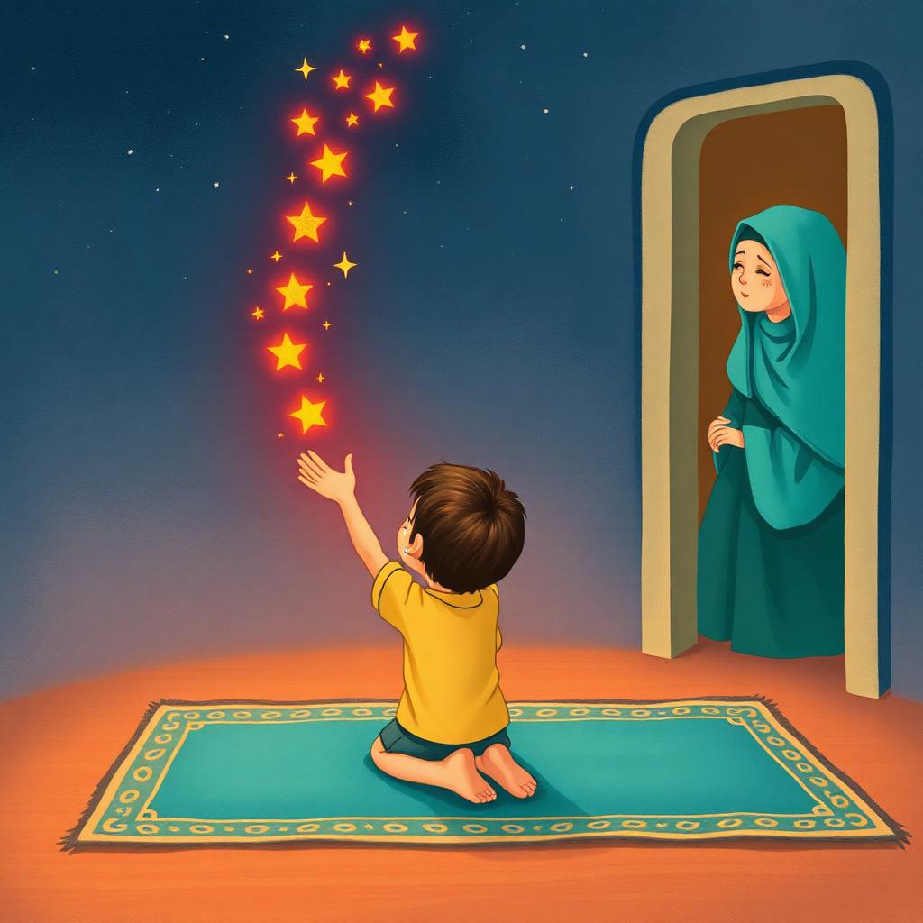 A boy kneeling on a prayer rug at night with hands raised in du'a, a tear on his cheek, a trail of stars rising from red to gold, his mother watching from a doorway