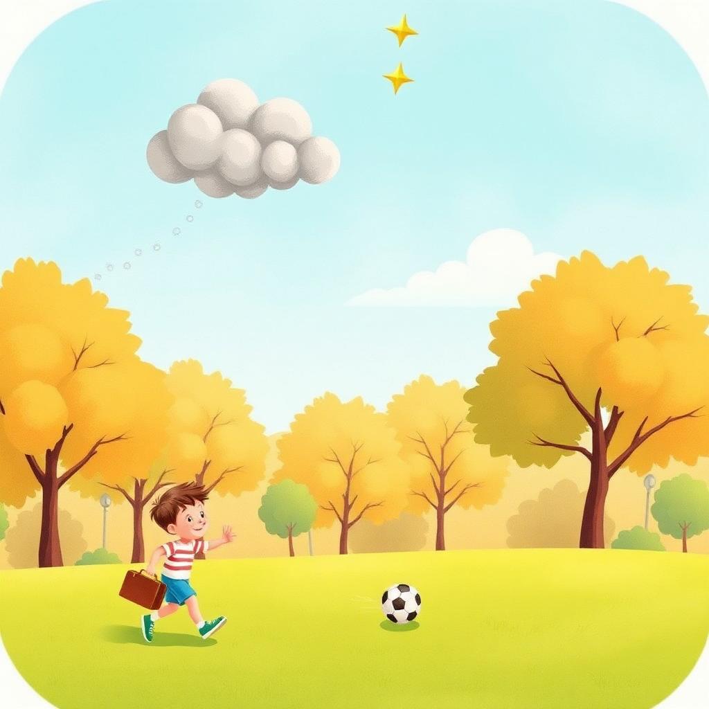 A sunny day with a storm cloud drifting away carrying a tiny suitcase, and a happy boy playing football, with a small golden star still climbing high in the sky