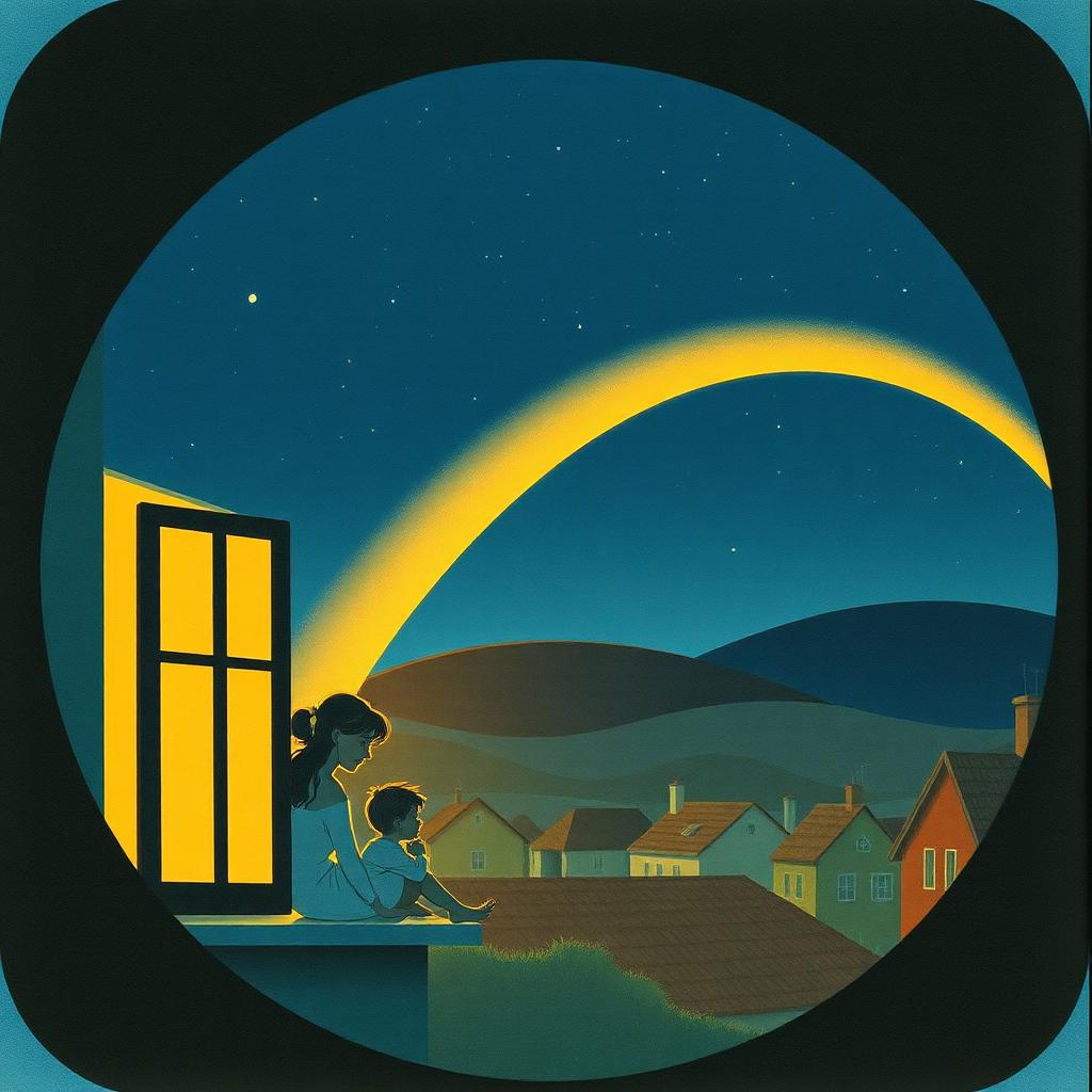 A night window with a mother and boy silhouetted inside, and a golden arc of light leaving the window and sweeping across the sky over distant rooftops