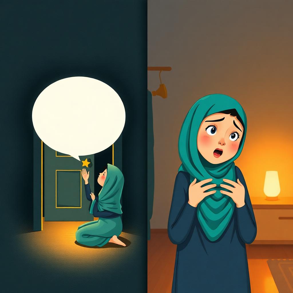 Split scene: a memory bubble showing a slammed door and a mother crying in the dark with her hands lifted, and present day the mother speaking gently to her astonished son