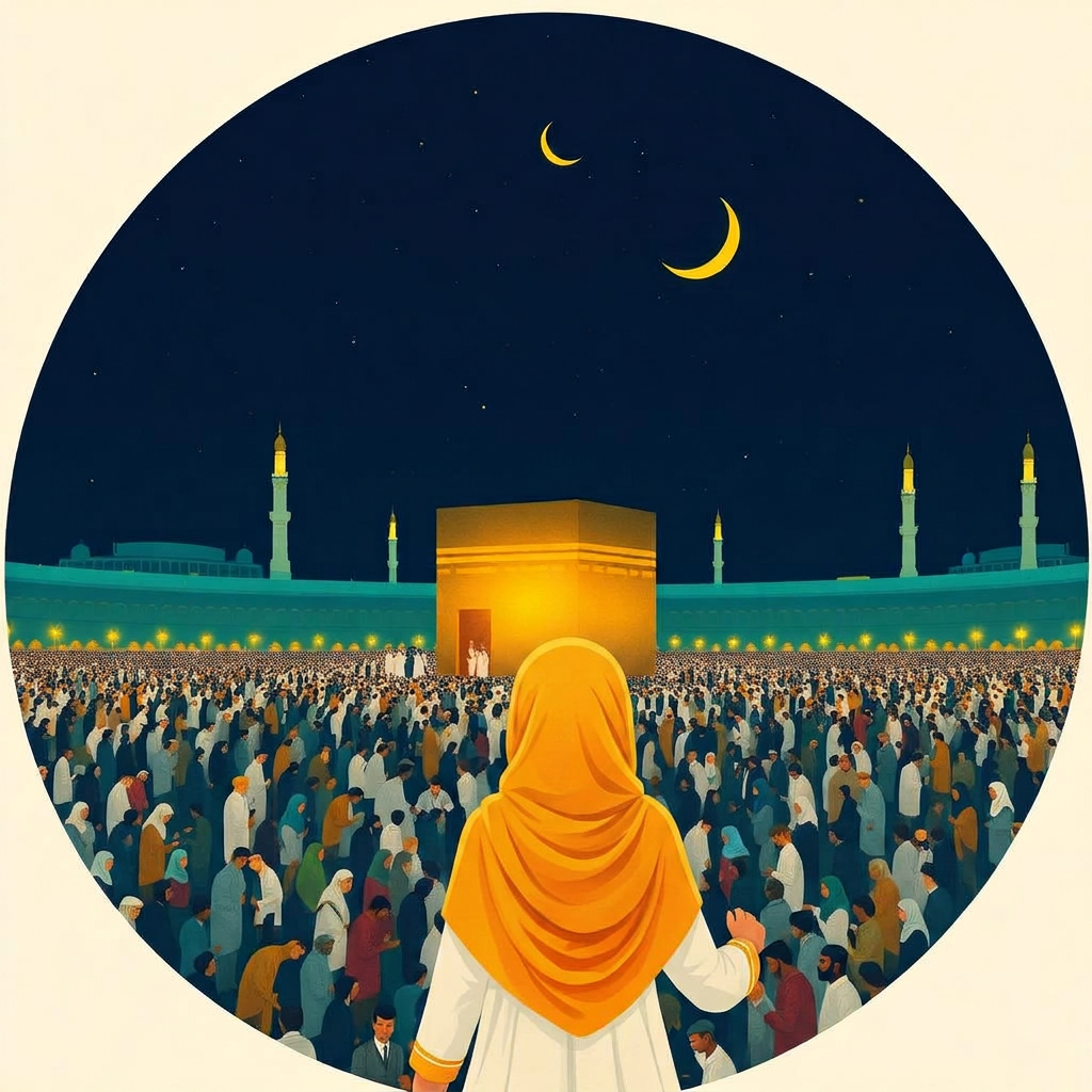 Cover of Thirteen Ways to Say I Love You, a small girl in a gold headscarf holding her mother's hand before the Kaaba at night