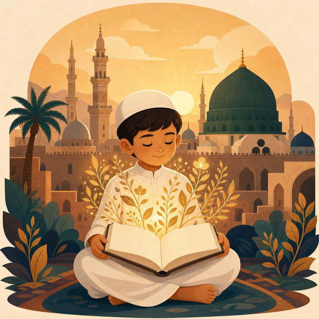 Cover of The Garden in My Chest: a boy in a white thobe sitting cross-legged with an open book, a golden garden of glowing plants growing from his chest, and the silhouette of Madinah with the green dome behind him