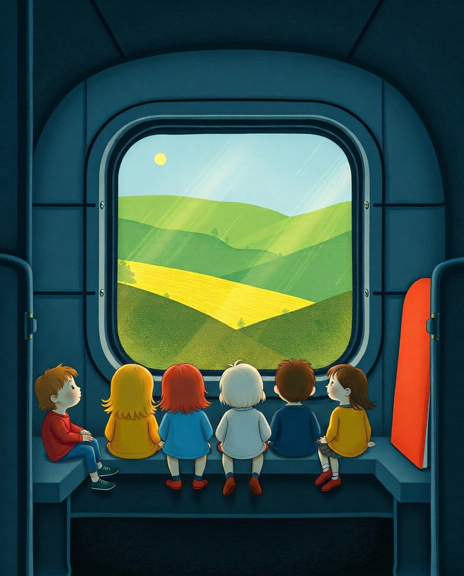 Cover of The Man on the Train, six children in a train carriage at grey dawn looking out at green Welsh hills