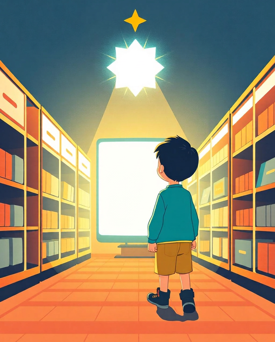 Cover of The Boss of My Own Eyes: a small boy in a teal top in a shop aisle calmly turning his head away from a big glowing screen, a gold eight-pointed star above him