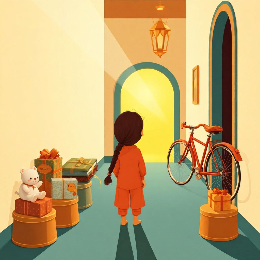 Cover of The Gift in the Hallway, a girl gazing down a hallway of gifts with a golden bicycle at the end