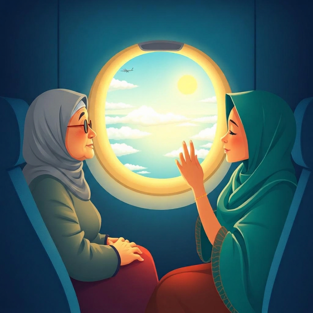 Cover of Don't Call Me — Call Him: a deep blue airplane cabin at altitude, a large oval window showing clouds, sea and a golden sun, a grandmother in teal and plum, and a mother in a teal hijab with a baby patting her cheek