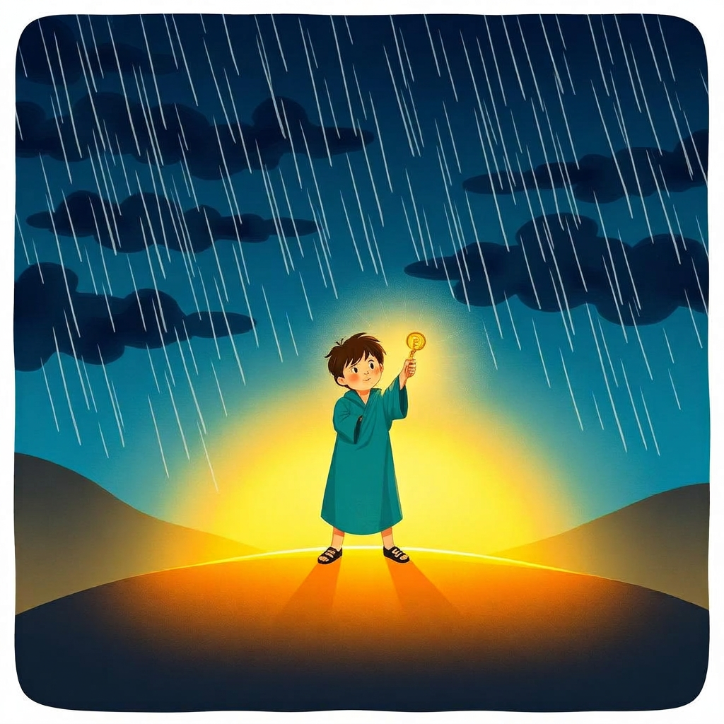 Cover of The Key in My Hand, a small boy in a teal thobe holding a glowing golden key up against a storm-blue sky