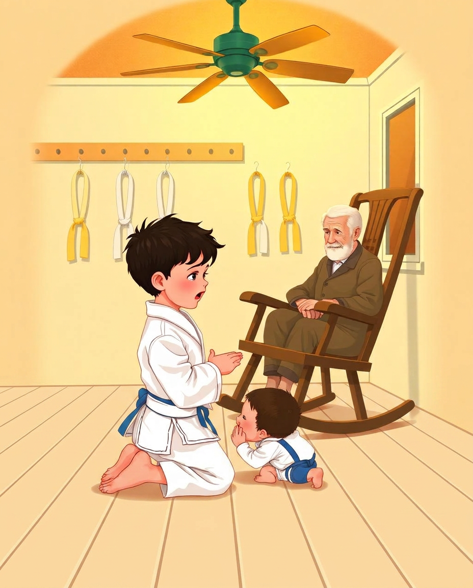 Cover of The Belt Nobody Sees: a small boy in a white jujitsu uniform kneeling beside a crying baby on a Florida porch while a great-grandfather watches from a rocking chair
