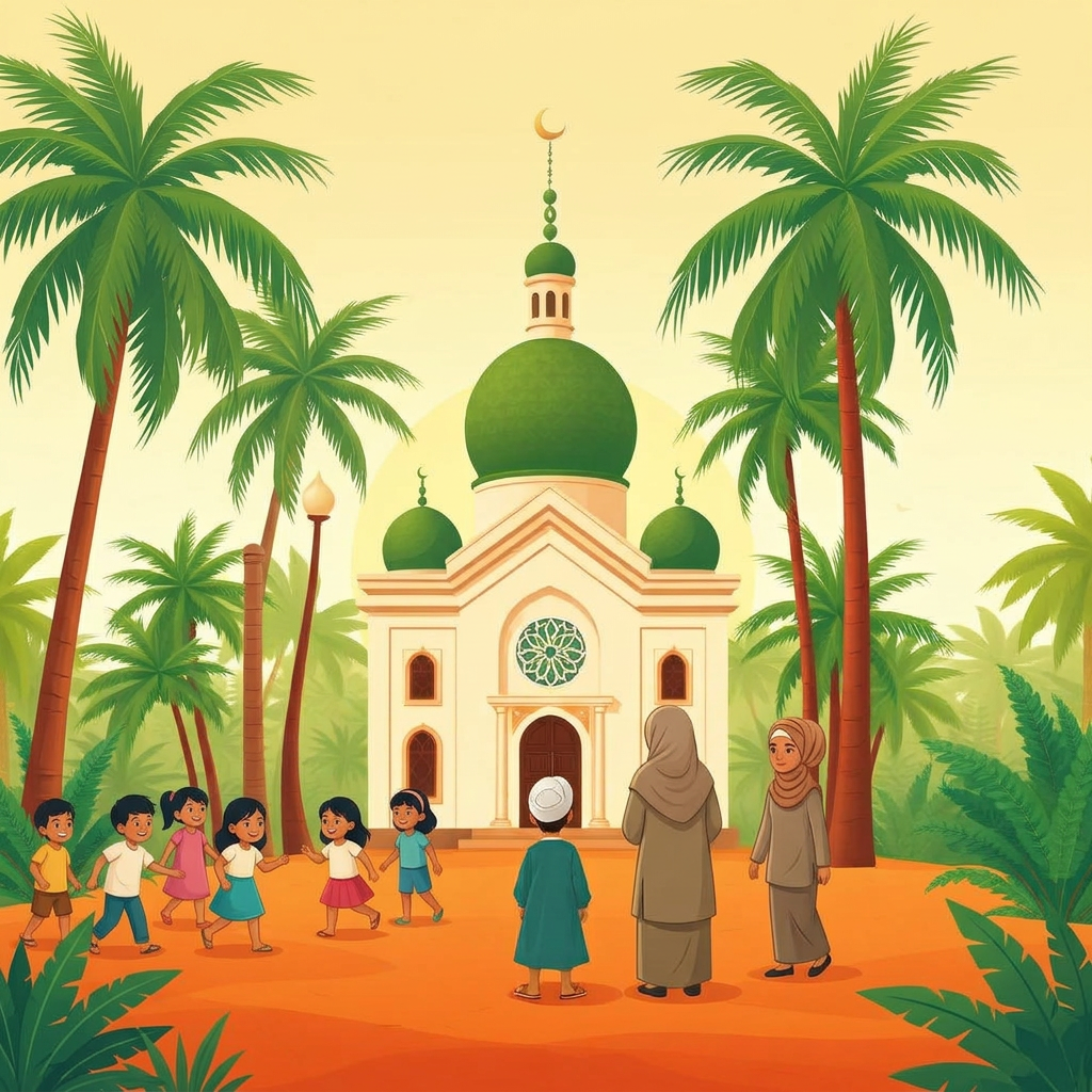 Cover of The Masjid With My Name On It, a small white village masjid with a green dome under a golden glow