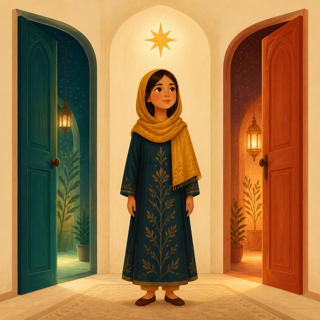 Cover of The Door That Did Not Close: a girl in a gold headscarf standing in a warm hallway between two open doors, one teal and one terracotta, both glowing, a gold eight-pointed star above her