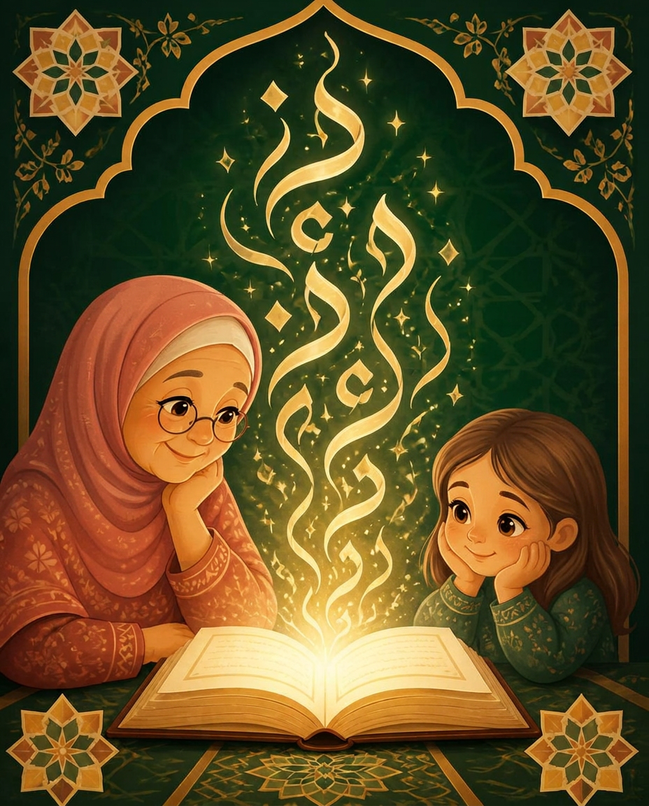 Cover of The Letters That Waited, a grandmother and granddaughter reading a glowing Quran together