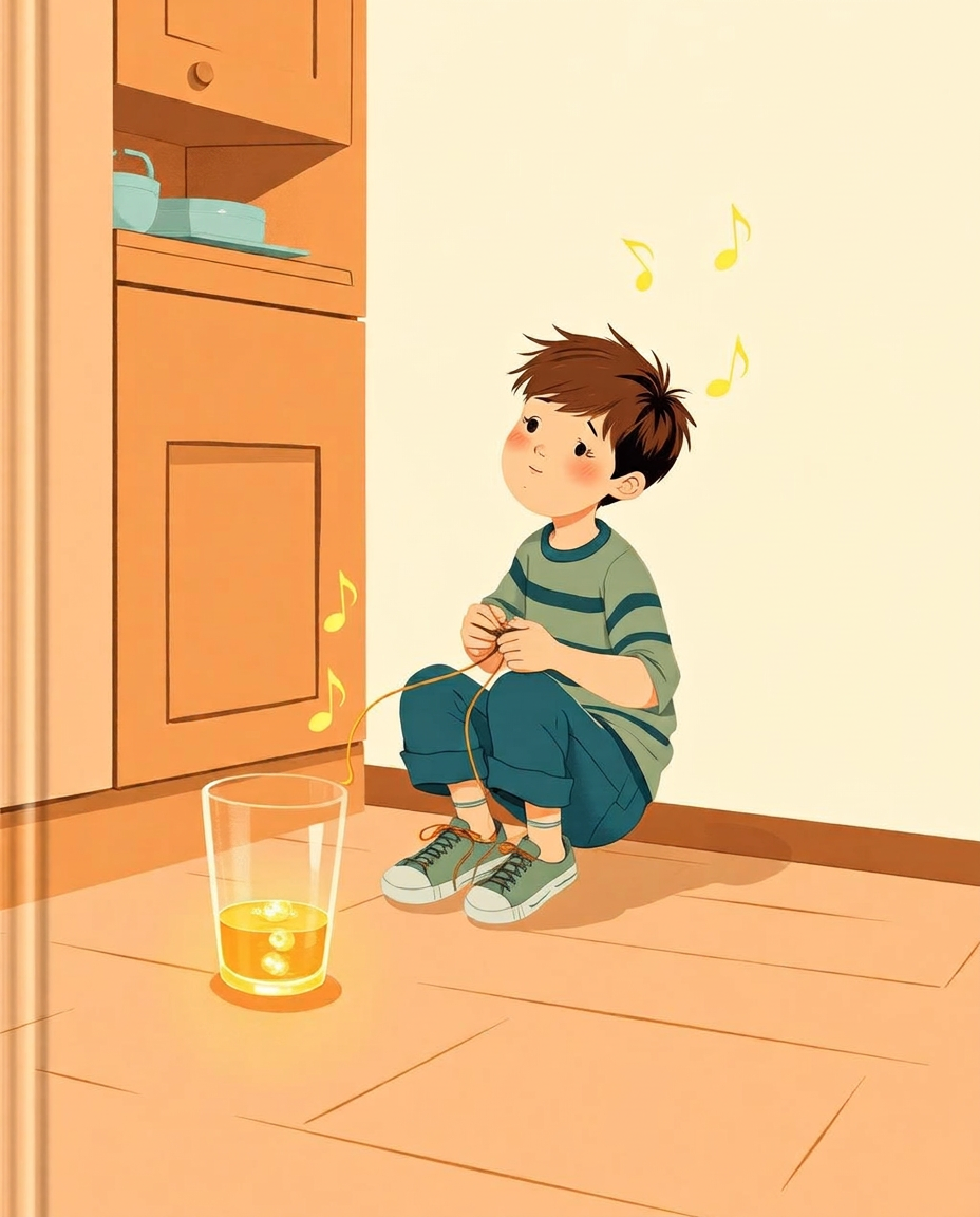 Cover of The Song I Never Chose: a boy sitting on a kitchen floor tying a shoelace and humming, a clear glass overflowing with gold light beside him