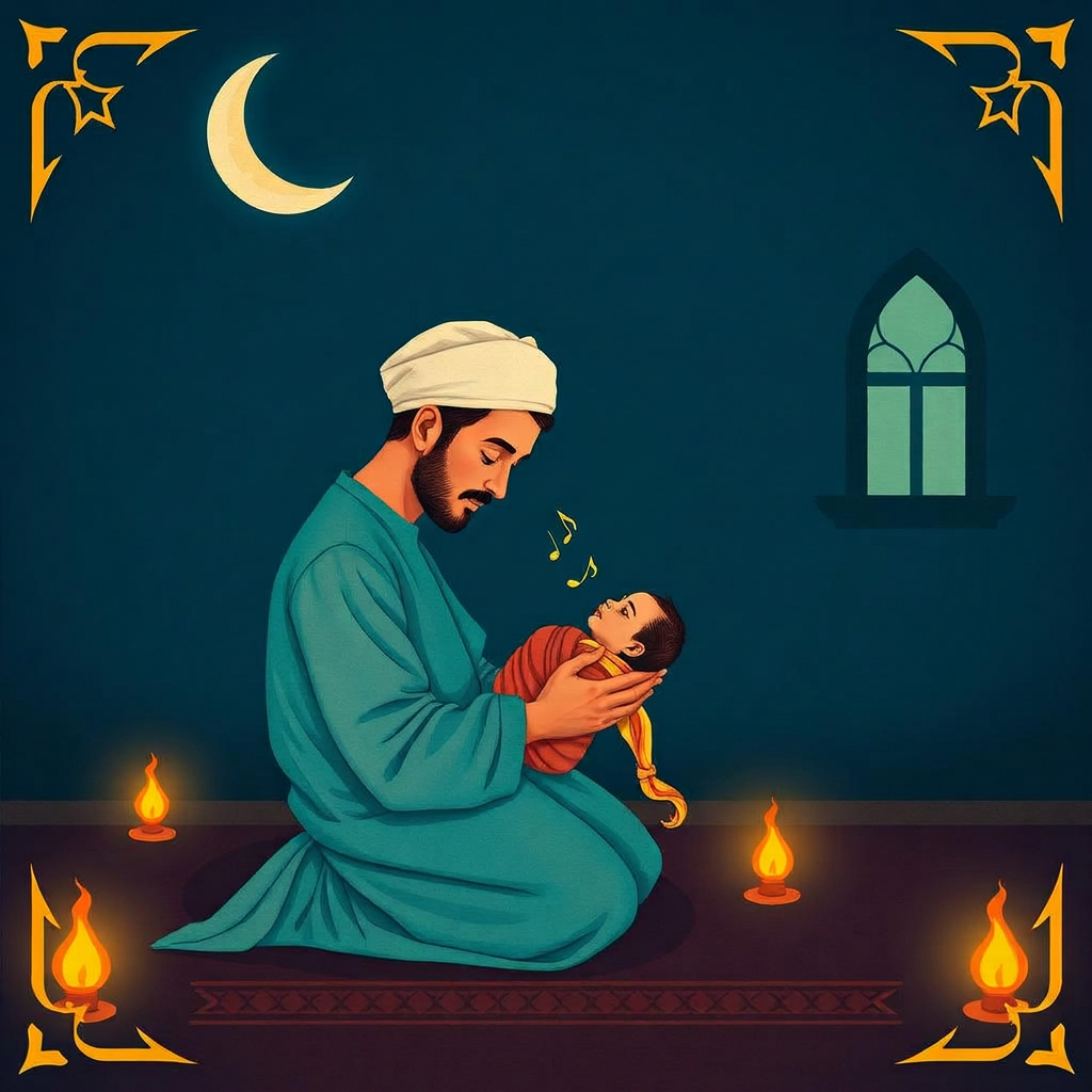 Cover of The First Word You Ever Heard, a father in teal thobe kneeling in lamplight whispering into a newborn's ear