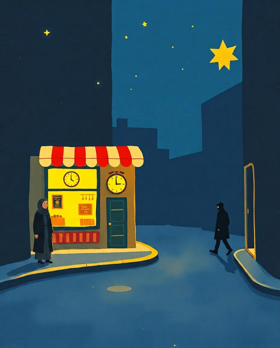 Cover of Thirty Minutes Before Closing: a small warmly lit falafel restaurant on a dark navy street at night, with a clock on the wall and a stranger approaching the door