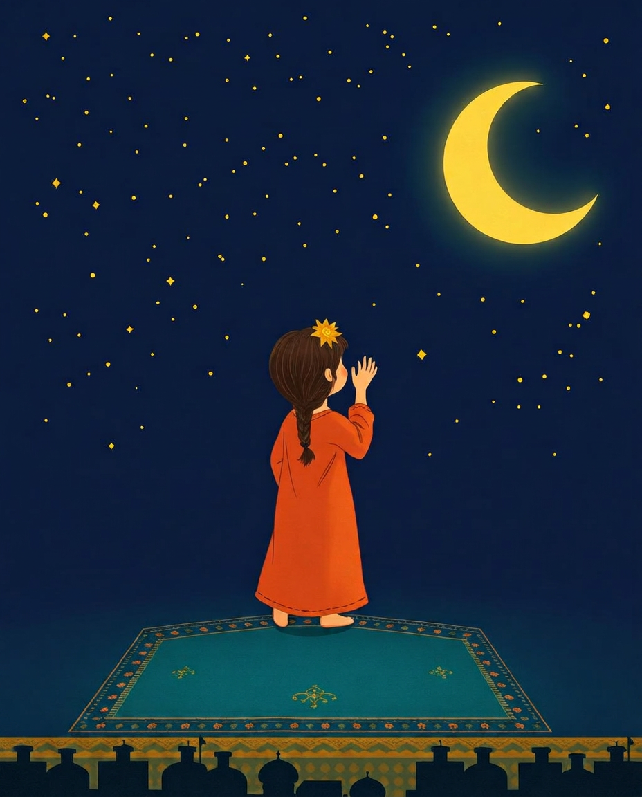 Cover of Race the Night, a girl in du'a on a teal prayer rug beneath a golden crescent