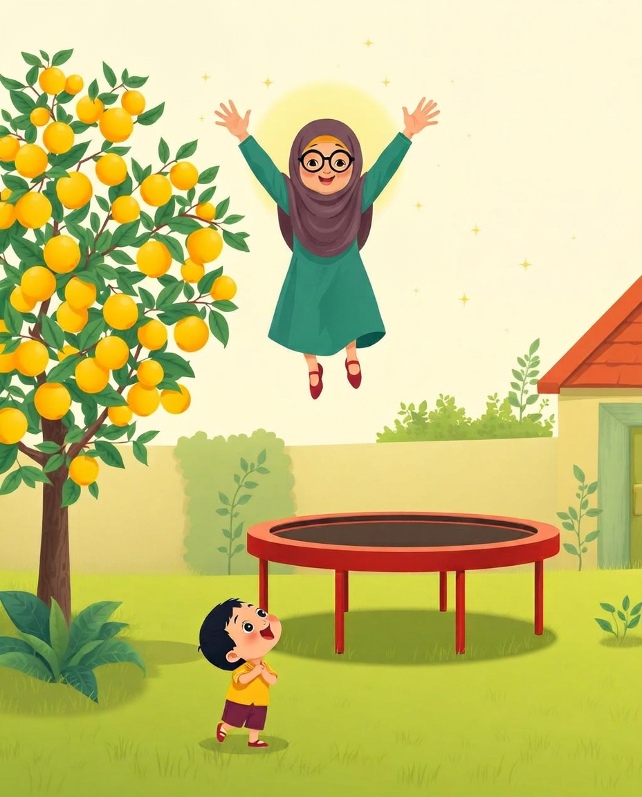 Cover of The Strongest Grandmother in the World: a grandmother in teal and plum bouncing high above a red trampoline beside a lemon tree, with a small boy watching from below