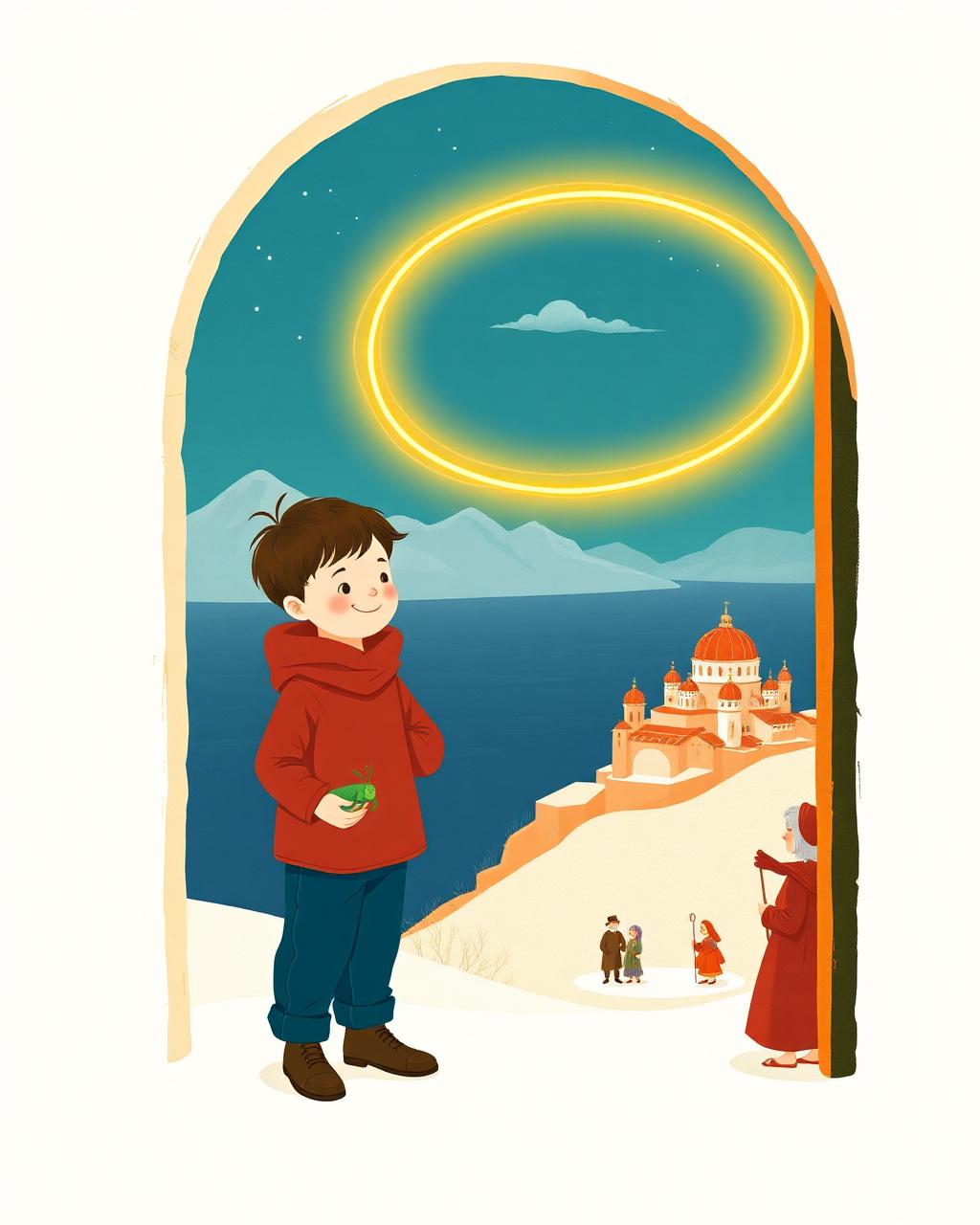 Cover of The Rope Tied to His Name: a small boy of three in a snowy Swiss doorway holding a green toy grasshopper, a glowing golden rope arcing over mountains and sea to a distant Turkish city