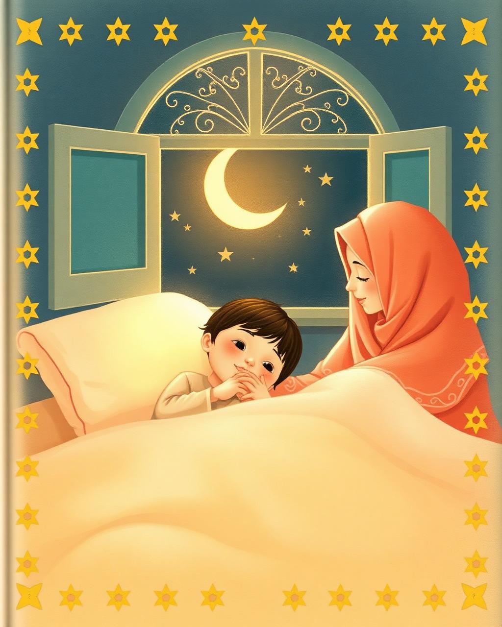 Cover of The Blanket of Light: a sweet little boy nestled cozily in bed wrapped in a soft golden glow, his mother in hijab tucking him in beneath a window with a crescent moon and gold eight-pointed stars